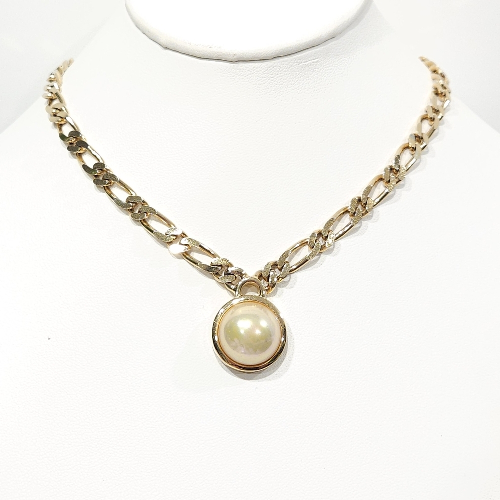 Vintage Dior Pearl Chunky Pendant Gold Figaro Chain Necklace Chr.Dior Germany